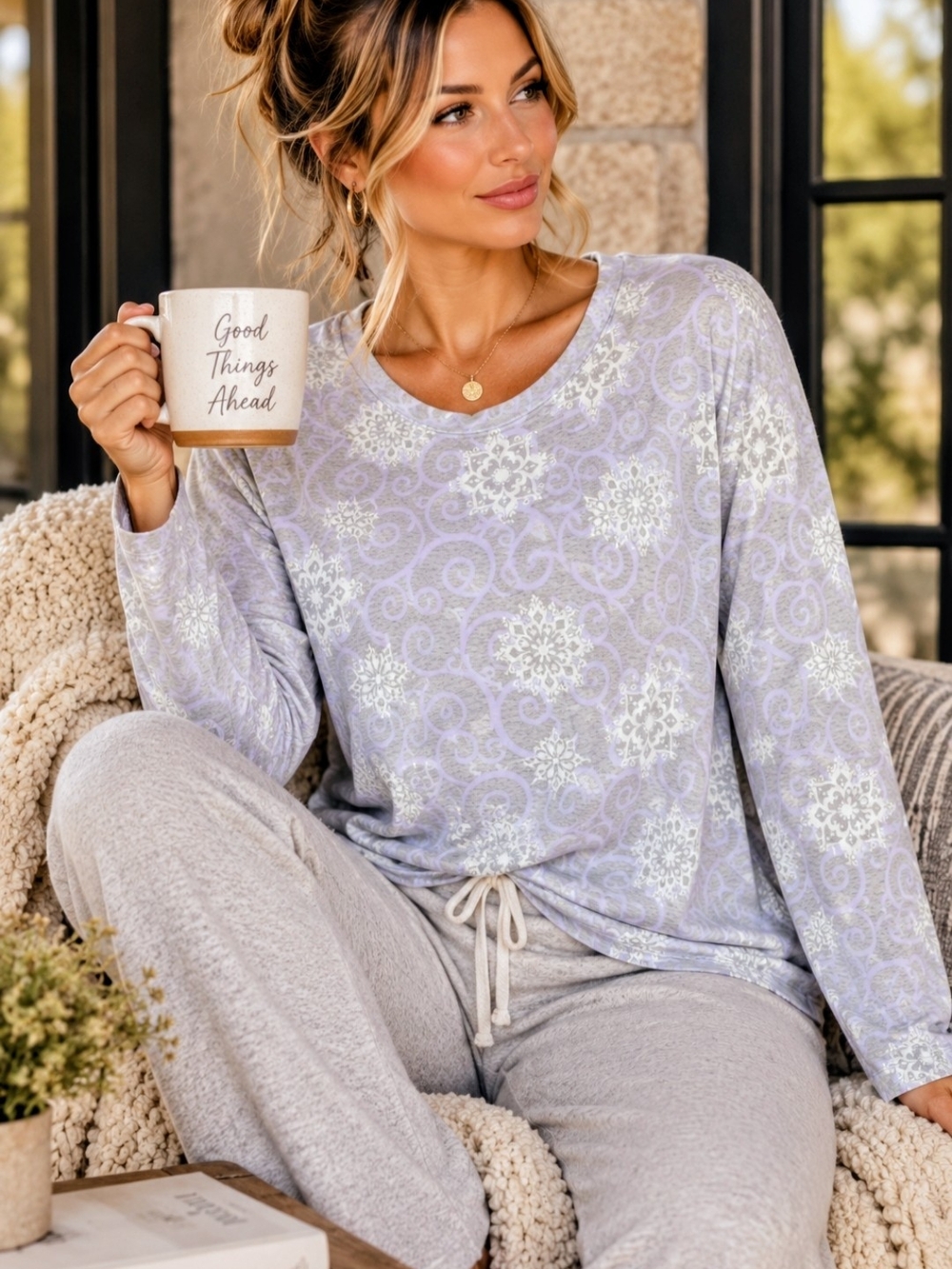 Lavender Medallion Floral Top 2X 100% Cotton Long Sleeve